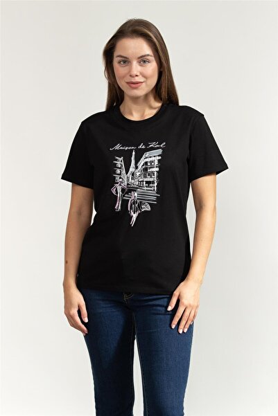 Karl Lagerfeld Paris Sketch Street Kadın Bisiklet Yaka T-Shirt Siyah