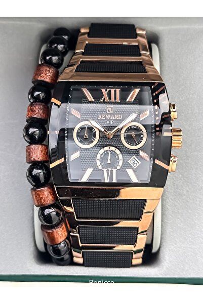 Reward Men's Watch, Steel-Silicone Band, Functions Active, Black Rose, with Calendar, in Stylish Box, Bracelet Gift
