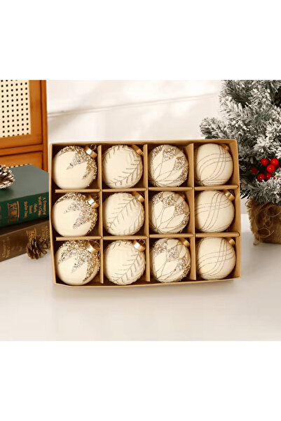 OEM Set 12 globuri de Crăciun crem catifelate cu sclipici auriu – 8 cm