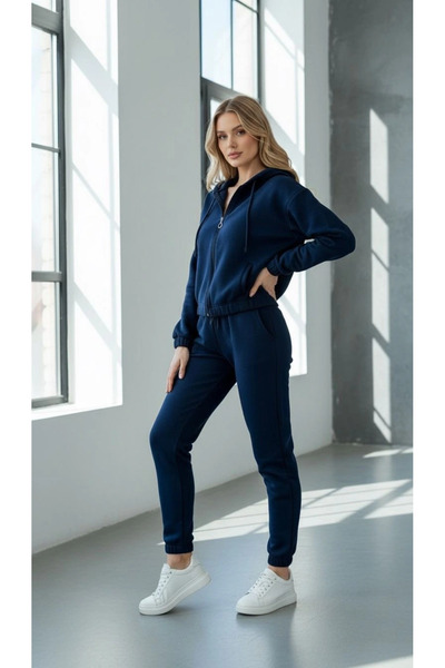 Zerenyus 3 İplik Ş Fleece-Lined Hooded Zippered Cropped Top Navy