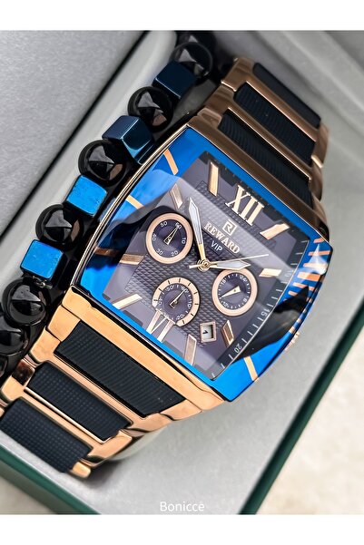 Reward Men's Watch, Steel-Silicone Band, Functions Active, Navy Blue Color, with Calendar, in Stylish Box, Bracelet