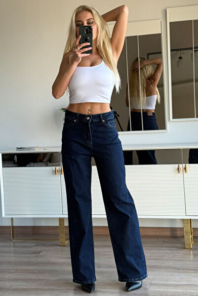 CİDDE Pantaloni de damă talie înaltă material elastic cu picioare largi, model Palazzo, blugi din denim