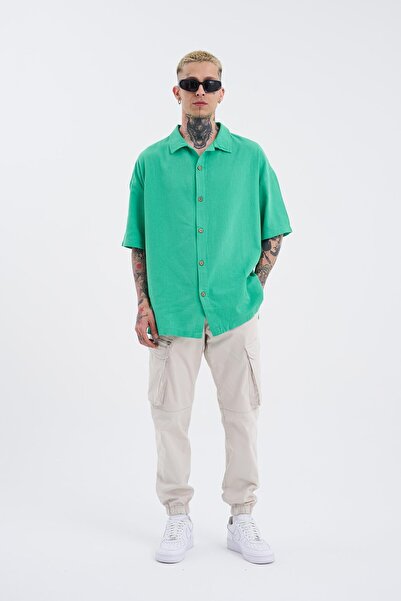 Machinist supradimensionat Cămașă din in cu mânecă scurtă verde