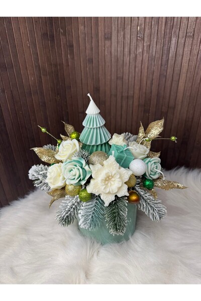 Amintiria Decorative arrangement with natural soy wax candles and fir, green-white
