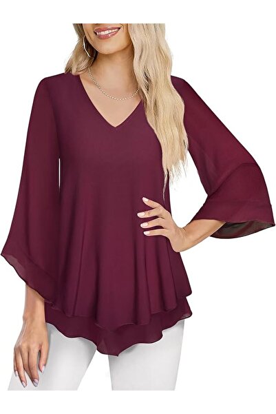 OEM Elegant Women's Puff Sleeve Blouse, V-Neck, Double Layer, wine-red, XL