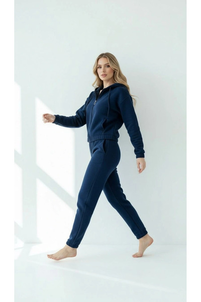 Zerenyus 3 İplik Ş Fleece-Lined Hooded Zippered Cropped Top Navy