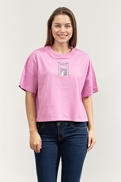 Karl Lagerfeld Paris Sketch Window Boxy Tee Kadın Bisiklet Yaka T-Shirt Lila