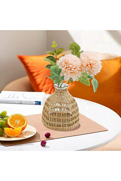 KASTWAVE Straw Woven Rattan Glass Vase, Boho 5.3 x 3.5 in