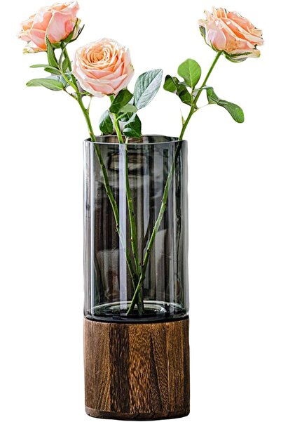 SAGREENY Artistic Wood Glass Vase, 10" H, Wooden Base Cylindrical Flower Vase, Boho Rustic Style