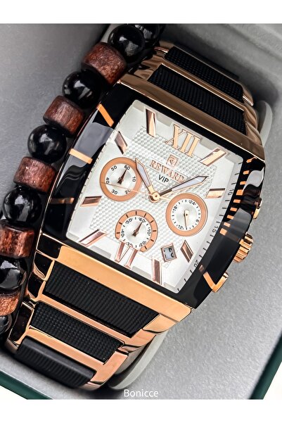 Reward Men's Watch, Steel-Silicone Band, Functions Active, Rose White Calendar, Stylish Box, Bracelet Gift