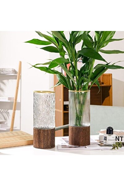 TERRIFI Artistic Wood Glass Vase with Wooden Base, Tall Cylinder Vase for Flowers, Wedding Centerpiece & Tab