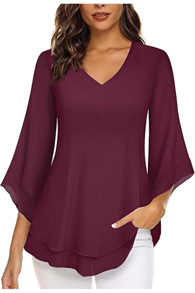 OEM Elegant Women's Puff Sleeve Blouse, V-Neck, Double Layer, wine-red, XL