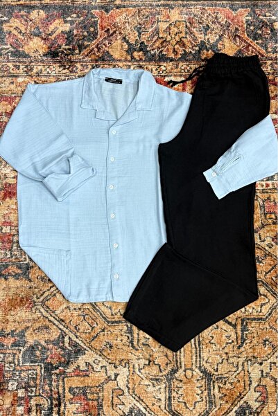 NO 601 Baby Boy Blue Muslin Shirt & Black Muslin Linen Trousers Set