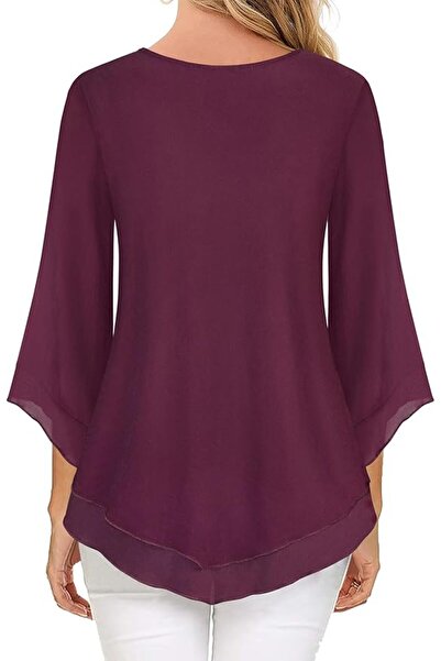 OEM Elegant Women's Puff Sleeve Blouse, V-Neck, Double Layer, wine-red, XL