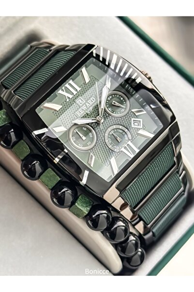 Reward Men's Watch, Steel-Silicone Band, Functions Active, Green Color, with Calendar, in Stylish Box, Bracelet Gift