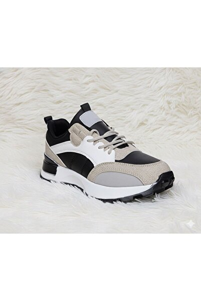 Lambırlent Deri Siyah Bej Beyaz Kadın Spor Ayakkabı