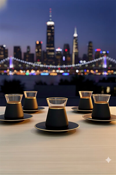 silvia home decor 12 Piece Gold Gilded Matte Black Coated Glass Tea Set for 6 People, Tea Set, Gift Dowry Set