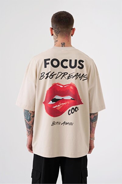 Machinist Men's Focus Big Dreams Printed Overize T-Shirt Light Beige