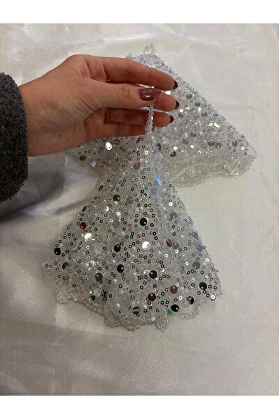 ARMAĞAN ÇEYİZ BEYAZ PUL PAYETLİ KRİSTAL TAŞ İŞLEMELİ GELİN MENDİLİ