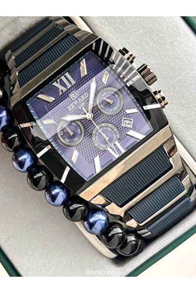 Reward Men's Watch, Steel-Silicone Band, Functions Active, Navy Blue, with Calendar, in Stylish Box, Bracelet Gift