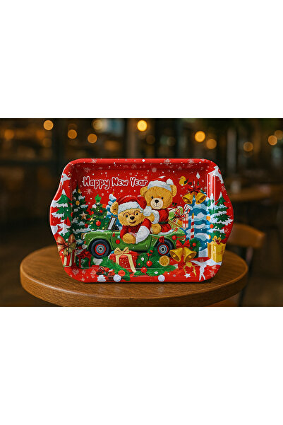 ATAGİFT HEDİYELİK Metal Red New Year Tray with Bear & Gift Boxes Patterned 25...