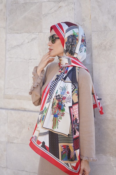 tomrisboutique شال حريري فاخر من الفوال حجاب وشاح بنقشة زهور 70 × 180 سم