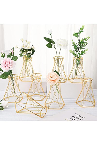 TERRIFI 8-Set Gold Metal Geometric Vase with Clear Glass Test Tubes (6.3 in)
