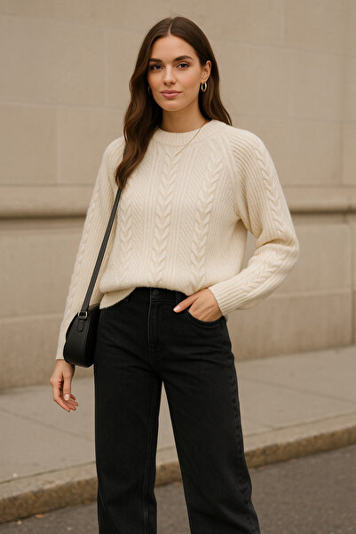 Rich Women's Ecru Knitted Patterned Long Sleeve Soft Textured Crew Neck Knitwear Sweater