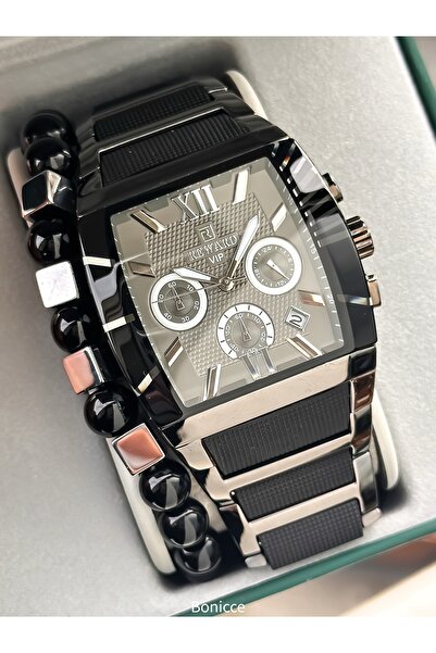 Reward Men's Watch, Steel-Silicone Band, Functions Active, Black Color, with Calendar, in Stylish Box, Bracelet Gift