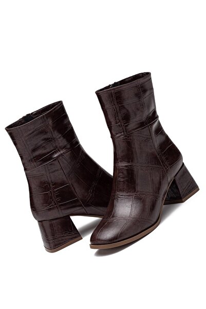 Dedos Women's Zippered Daily Short Heeled Croccon Detailed Boots 4205