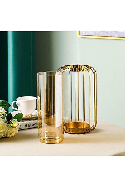 TAPIT Glass Flower Vase with Metal Stand, Modern Golden Geometric Decorative Vase