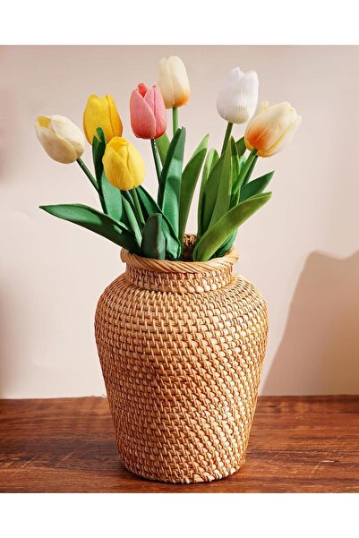 KASTWAVE Rattan Hand-Woven Boho Wicker Vase for Pampas Grass & Flower Arrangements (8 in, Brown)