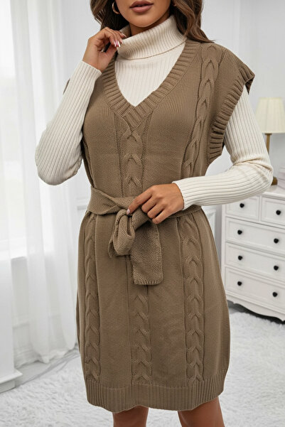 NEWCO V-Neck Sleeveless Knitted Patterned Belted Mini Knitwear Dress Regular