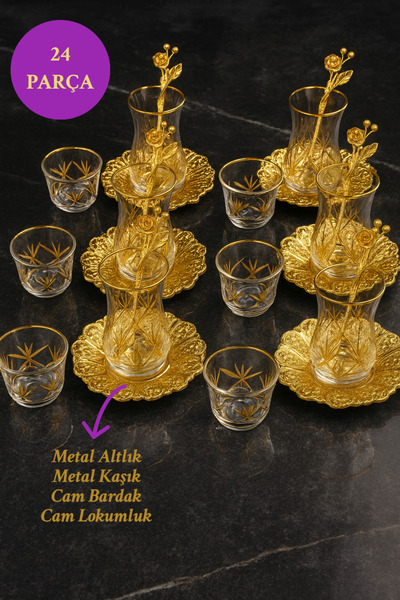 İnterlife Çeyizlik Full Set 24 Parça Çay Takımı | Metal Altlıklı Kaşıklı ve C...