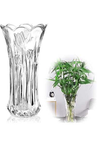 AZONEE 9.5 in Clear Glass Flower Vase, Etched Tulip Design