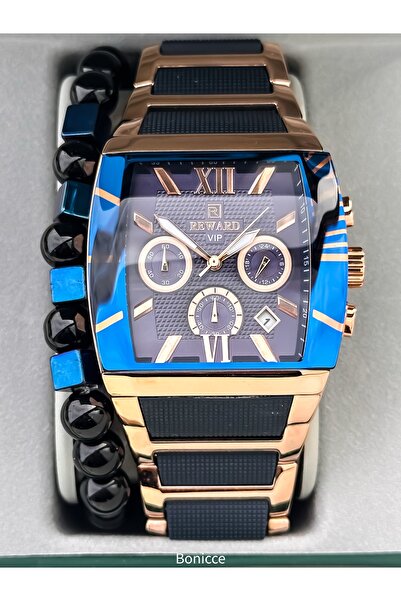 Reward Men's Watch, Steel-Silicone Band, Functions Active, Navy Blue Color, with Calendar, in Stylish Box, Bracelet