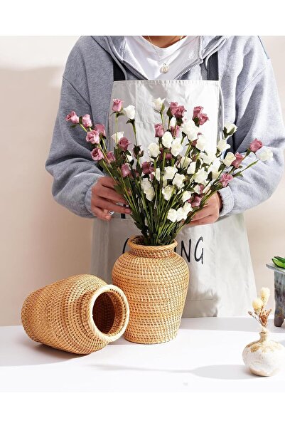 KASTWAVE Rattan Hand-Woven Boho Wicker Vase for Pampas Grass & Flower Arrangements (8 in, Brown)