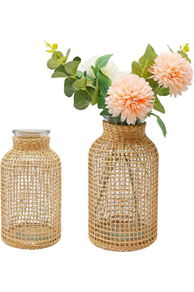 TERRIFI 2 Pcs Rattan Glass Flower Vase Set - Straw Woven Round Boho Decorative Vases, Sizes S+L