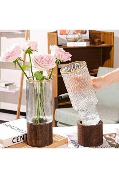 TERRIFI Artistic Wood Glass Vase with Wooden Base, Tall Cylinder Vase for Flowers, Wedding Centerpiece & Tab