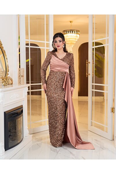 Matik Abiyem Satin Tail Sequin Evening Dress