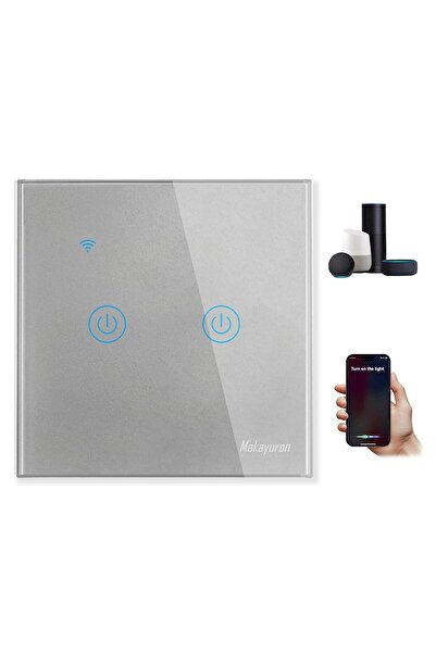 Generic مفتاح إضاءة حائط ذكي من ماكايورون (رمادي، ثنائي الفتحات) - يعمل باللمس، بدون محايد، يدعم أليكسا، مع إمكانية التحكم عبر التطبيق