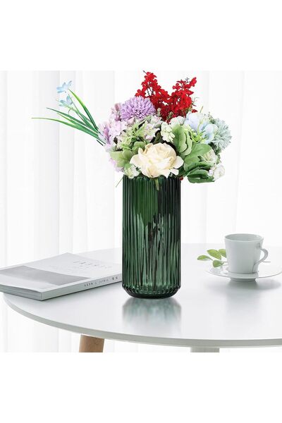 LENND Flower Vase 20cm Green Thickened Hand-Blown Glass - Round Vintage Striped