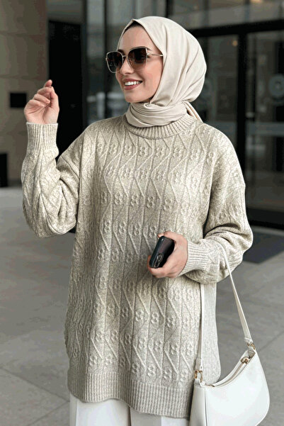 N.S NEVA STYLE Patterned Beige Hijab Knitwear Sweater Tunic 86541Bej