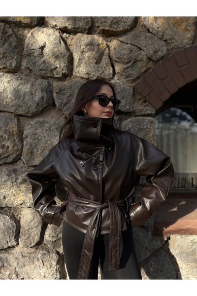 NET OF NOT Yeni Sezon Kahverengi Kruvaze Düğmeli Deri Ceket