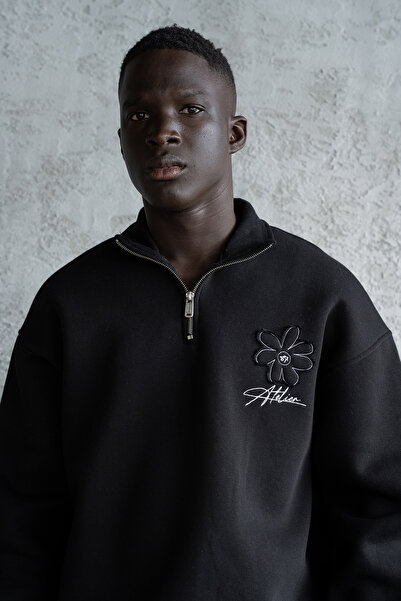 Machinist Hanorac pentru bărbați cu gât înalt cu broderie florală tricou negru