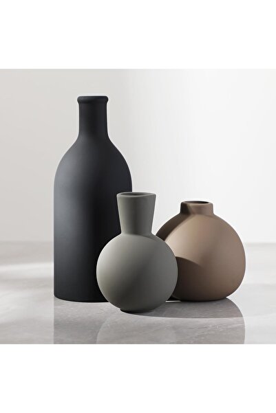 Heifgott Ceramic Vase Set of 3 - Rustic Farmhouse Decorative Pottery Vases (Black)