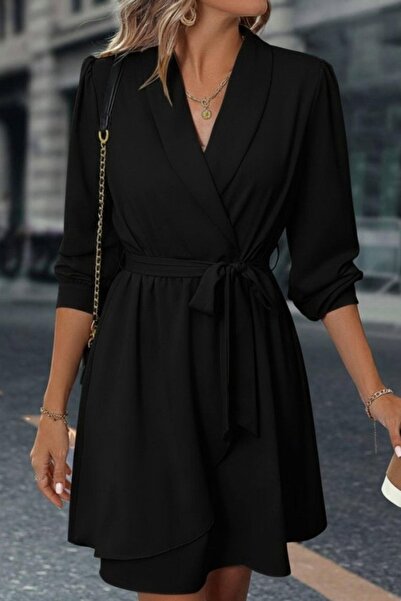 Mossta διπλό πέτο Μίνι Φόρεμα Κρεπ Εισαγωγής με Κορδόνι στην Μέση - Μαύρο