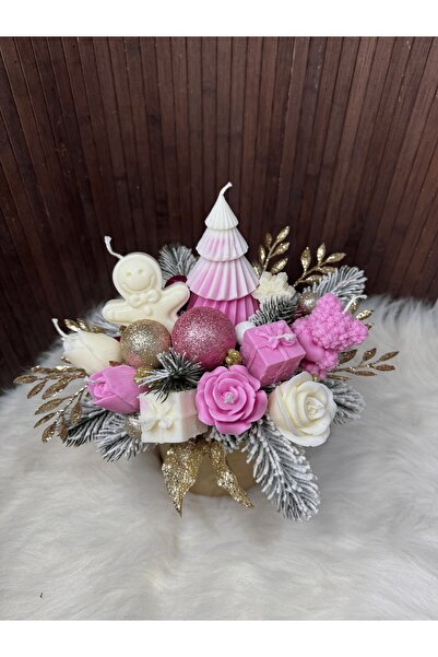 Amintiria Aranjament decorativ cu lumânări din ceară naturală de soia și brad, roz-alb-auriu