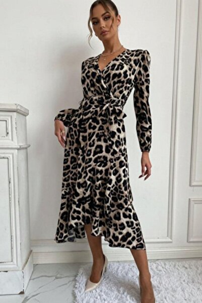 Mossta Double-Breasted Long Single Jersey Dress with Ruffled Collar - Leopard