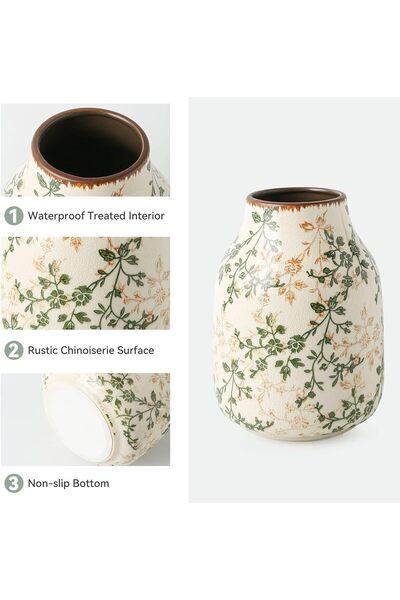 Generic Vintage Ceramic Floral Vase, Green and White Chinoiserie - 7.8 Inch